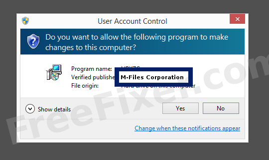 Screenshot where M-Files Corporation appears as the verified publisher in the UAC dialog